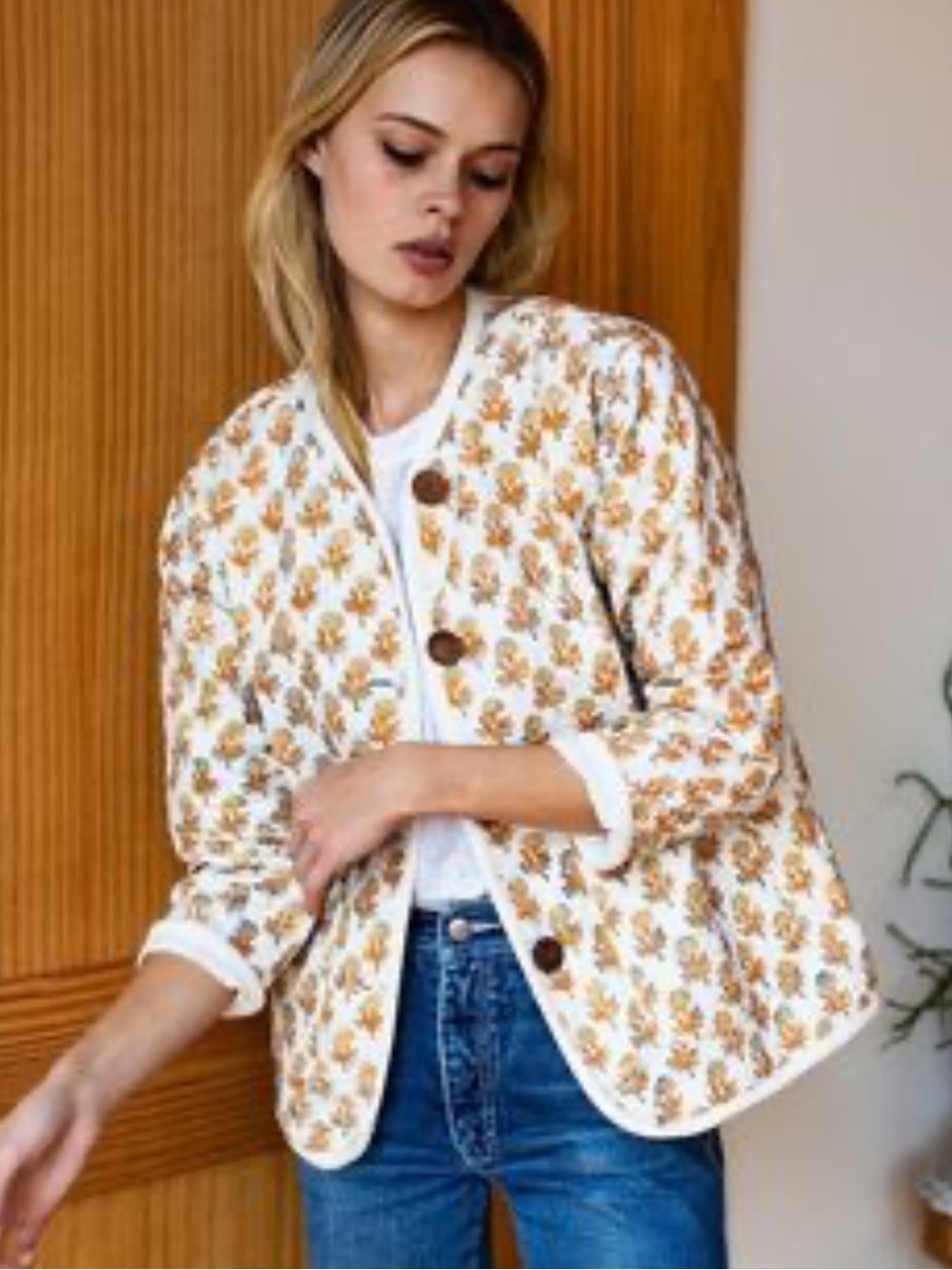 Quilted Emerson Fry Floral Button-Front Jacket in Cream and Mustard